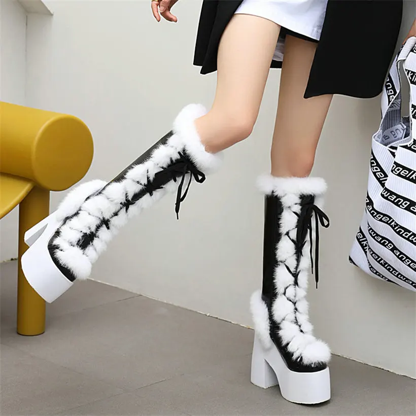 

US12 Women Lace Up Patent Leather High Heel Knee High Boots Female Winter Warm Rabbit Fur Thigh High Chunky Platform Pumps Shoes