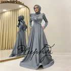 Серое мусульманское официальное вечернее платье с бусинами трапециевидного силуэта с длинным рукавом высококачественные атласные арабские женские свадебные платья для выпускного вечера