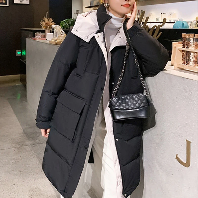 

6 Color Long Coat Winter Women's Hood Casual Puffer Jacket Female Zipper Down Coats Loose Parkas Warm Outerwear Korean 2021