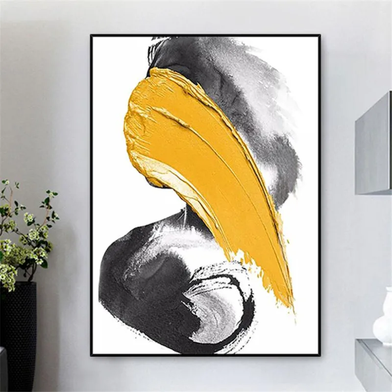 Минималистичная черная и желтая абстрактная картина маслом на холсте плакаты