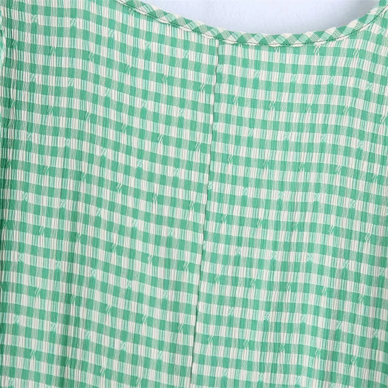 

Summer Za Green Plaid Midi Dress 2021 Fashion V-neck Pleated Short Puff Sleeve Dresses Sexy Waist Opening Back Slit Female Dress