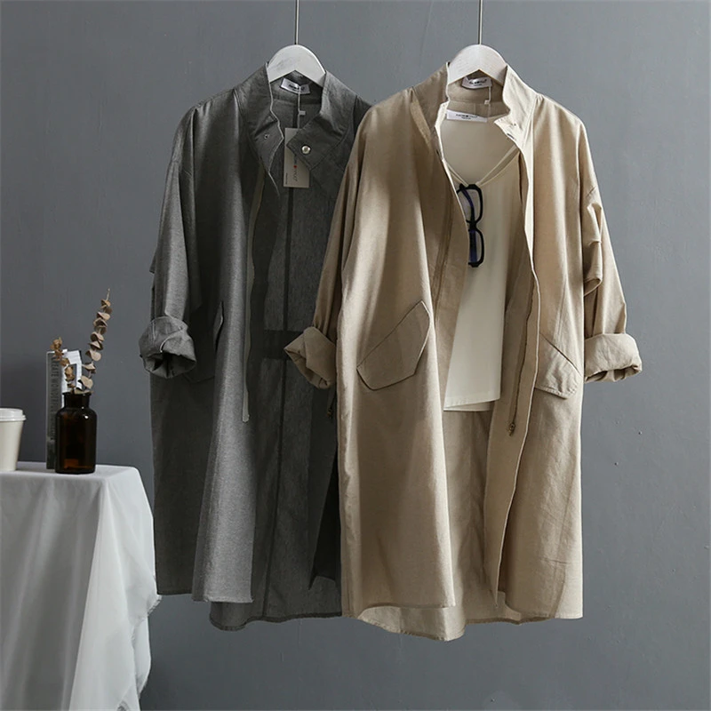 

Summer Cotton Linen Women Trench Coat 2020 Spring Korean Version Long sleeved Large size Loose Women Trenchs Coats Khaki K426