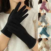 new autumn winter womens fashion elegant thin section warm gloves soft plus velvet inside touch screen cycling windproof suede