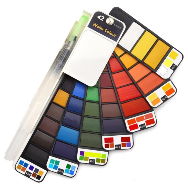 

New Portable Watercolor Paint Set With Water Brush Pen Foldable Fan-shaped Travel Painting Pigment For Art Supplies