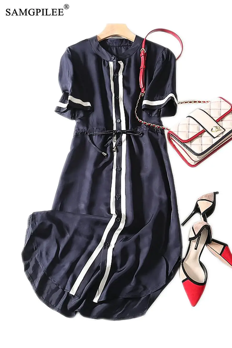 

2021 Women Summer Clothing Vestido Casual Dress A-line Striped Short Sleeve Button Empire O-neck Plus Size Women Summer Sundress