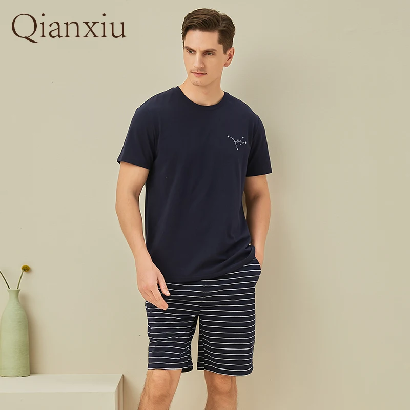 Summer Fashion Men's Navy Blue Striped Round Neck Pajamas Set Fashion Short-Sleeved Shorts Refreshing Home Clothes