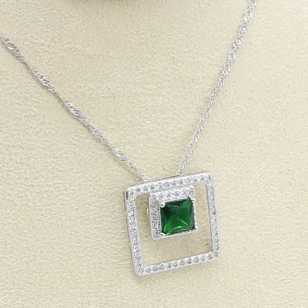 Necklace Pendant Геометрический зеленый циркониевый 925 пробы серебра набор украшений для женщин Свадебные браслет, серьги, ожерелье кулон подарочные коробки для колец - Окраска металла: Necklace Pendant