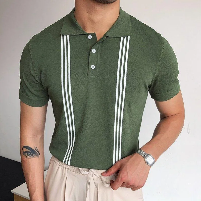 

Fashion Summer Casual Men's Knitted Tops Men Buttoned Turn-down Collar Polo Shirts Vintage Striped Short Sleeve Slim Polo Shirt