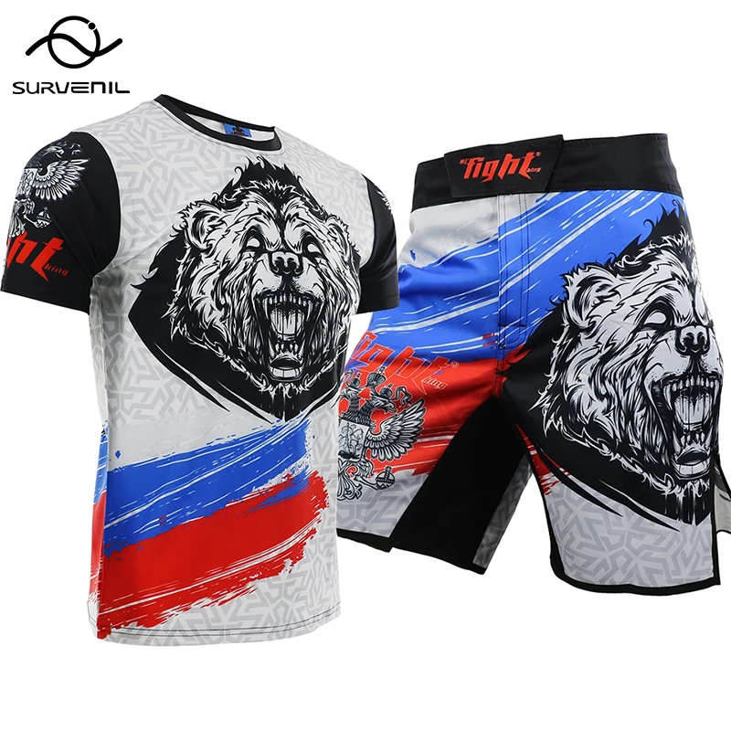 

MMA T-Shirt Shorts Set Men's Boxing Pants Rashguard Bear BJJ Kickboxing Muay Thai Crossfit Fitness Jiu Jitsu Boxeo Fight Jerseys