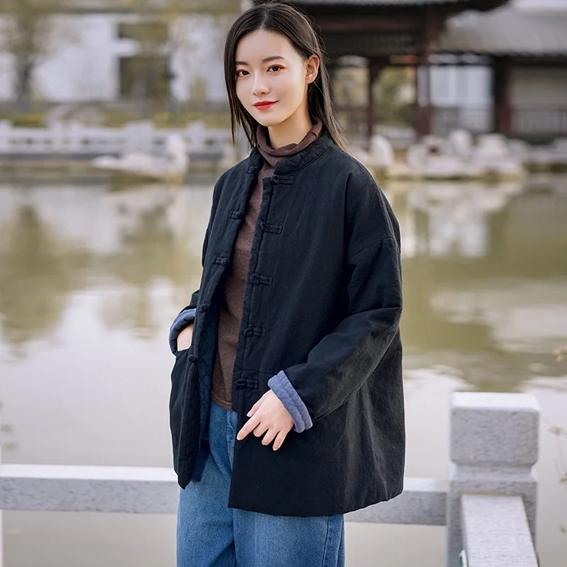 Черное теплое хлопковое пальто в китайском стиле ханьфу для женщин Осень-зима