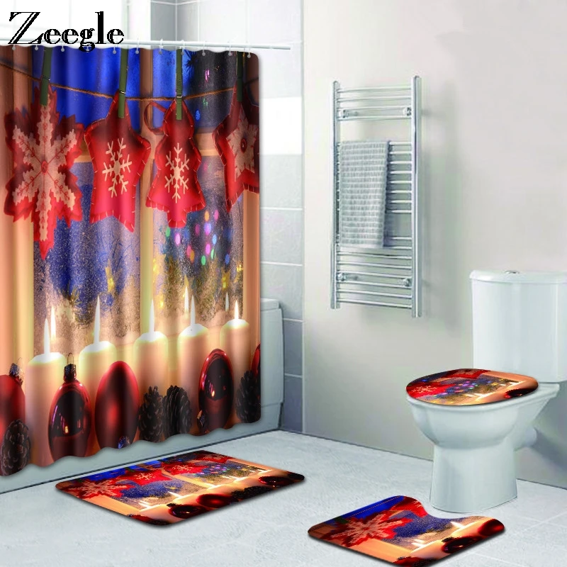 4 шт. Рождественский коврик для ванной и душевой набор штор Нескользящие ковры