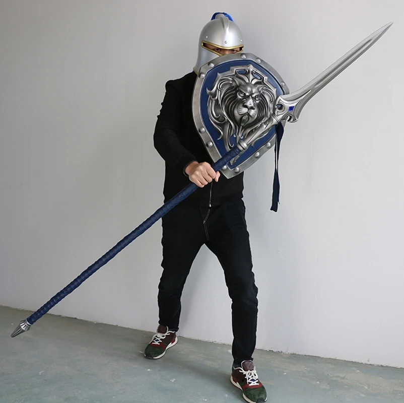 

DHL shipping 1:1 Wow Stormwind soldier Lion Shield, sword, Helmet and Spear Weapons Role Play Kirsite Metal Weapon Prop Sword