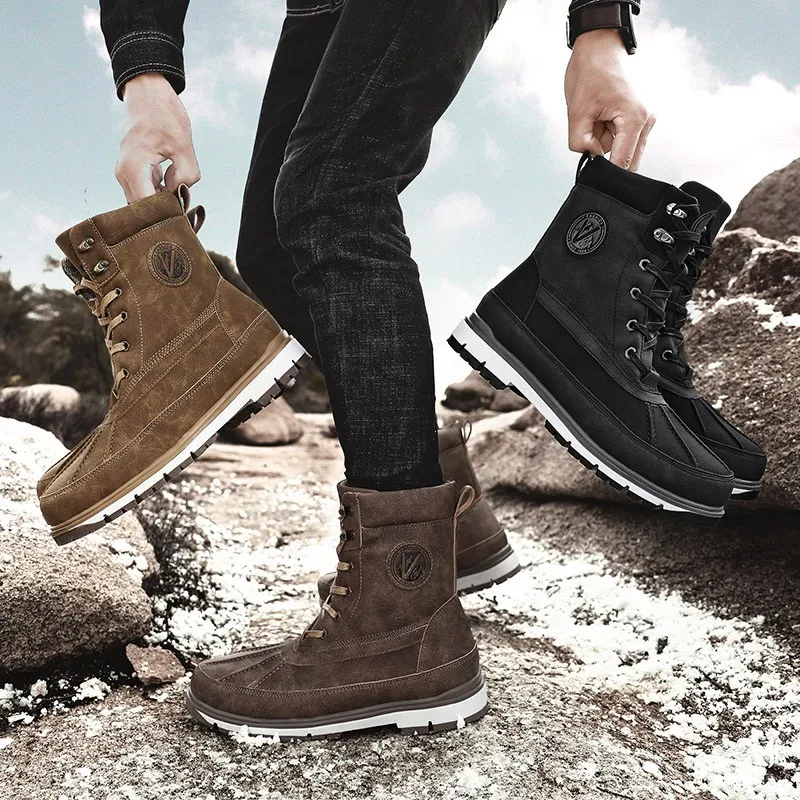 

New Warm Plush Snow Boots Men Lace Up Casual High Top Men's Boots Waterproof Winter Boots Anti-Slip Ankle Boots Motorcycle Boots