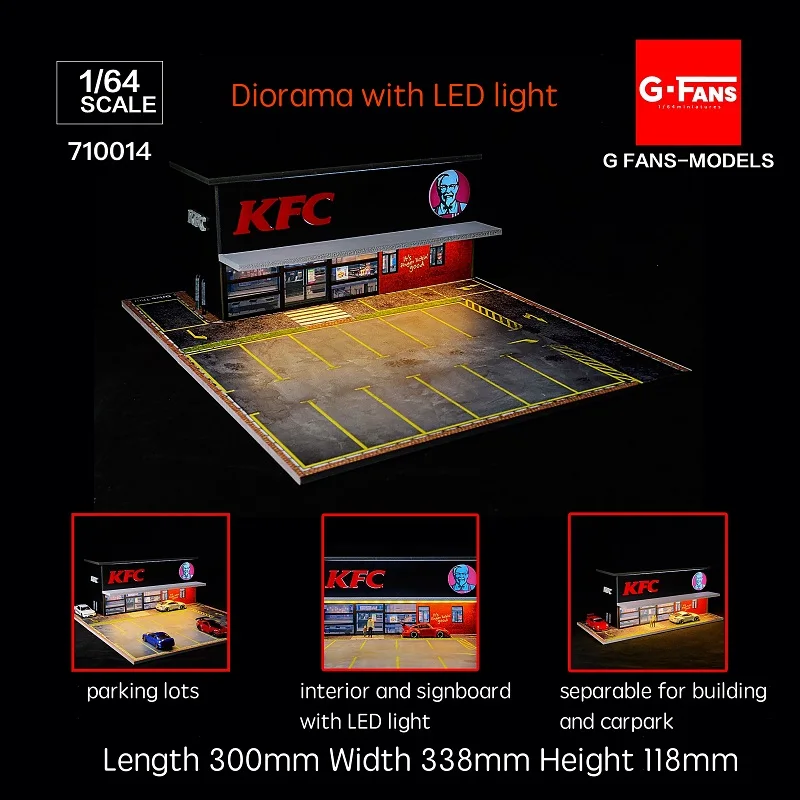G-FANS 1:64 Diorama Met Led Licht Kfc/Mcdonald 'S W/Parkeerplaatsen