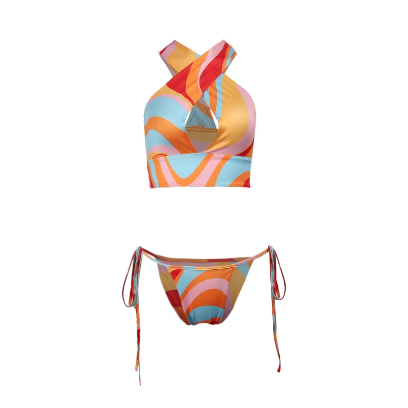

Beyouare Sexy Bikini Women's Swimsuit Beachwear Two Piece Set Halter Criss Cross Crop Top And Lace Up Underwear 2021 Summer Suit