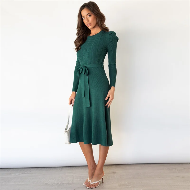 

Women Bubble Long Sleeve Knitted Dress Solid Temperament High Waisted Base Female Dress Elegant Casual Women Dress Autumn Winter