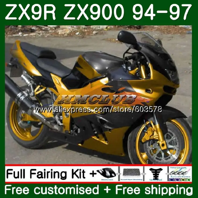 

Корпус для Кавасаки ZX900, 900 куб. См, ZX9R 94, 95, 96, 97, 109CL.37, ZX 900, 9, R, ZX, 9R, 900CC, 1994, 1995, 1996, 97, золотой, черный обтекатели