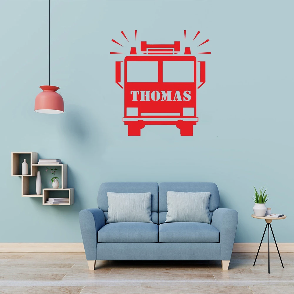 

Personalised Name Wall Sticker FireTruck Fireman Wall Decal For Kids Bedroom Playroom Decor Removable Vinyl Mural DW12937