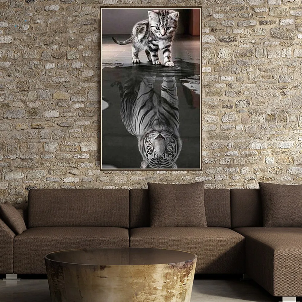 Новые Ремесла DIY Полный Горный Хрусталь Алмаз Вышивка котенок Отражение Тигр 5D