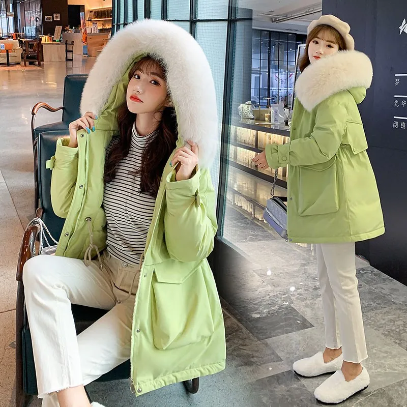 

2020 New Winter Cotton Coat Women Large Fur Collar Thick Hooded Parkas Warm Jackets Casual Padded Coats