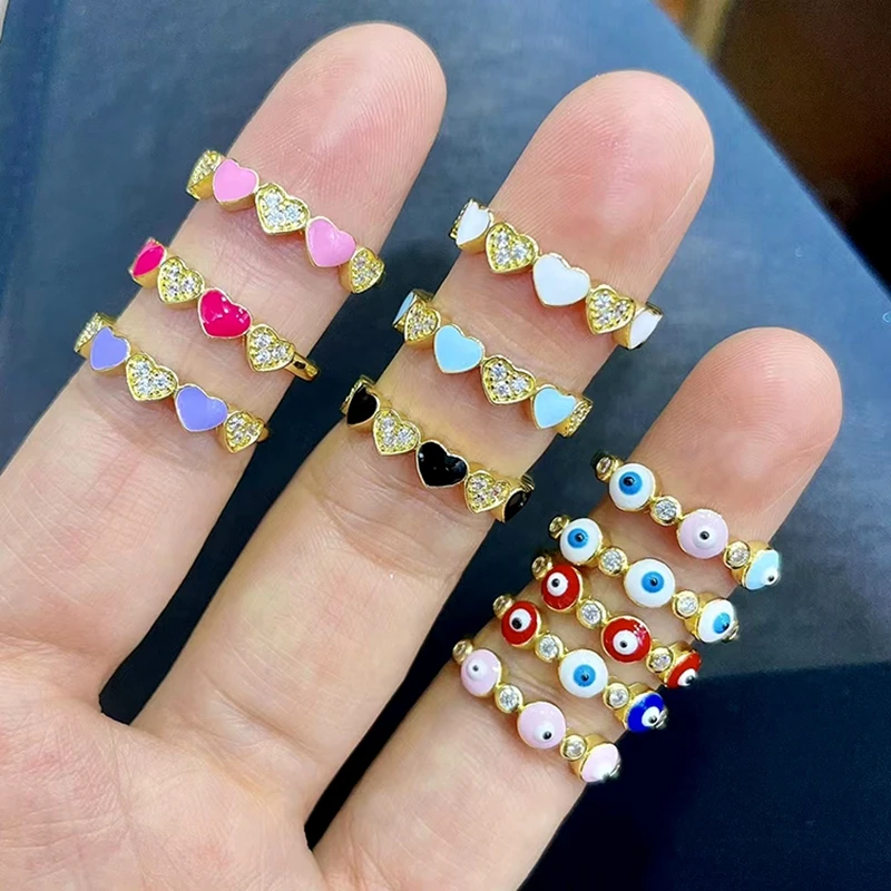10Pcs Chic Dainty Colorful Enamel Multi Colored Cubic Zirconia CZ Micro Pave Heart / Eye New Fashion Rings for Ladies Women