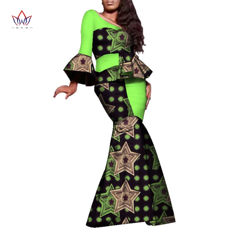 Africa Style Bazin Riche Dresses for Women Two Pieces Set Women Long Sleeve Tops and Long African Print Skirt Plus Size WY2423