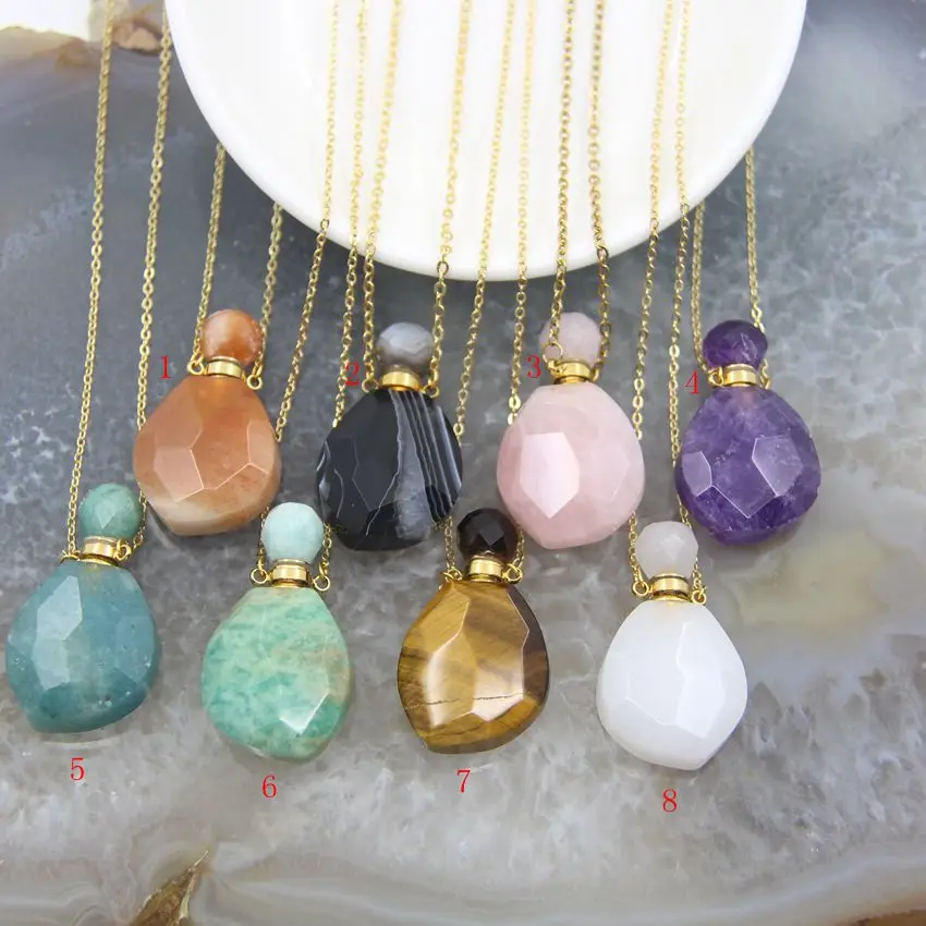 

Faceted Gems stone Perfume Bottle Pendant Plated Gold Necklace,Amethysts Jades Amazonite Essential Oil Diffuser Vial Charms