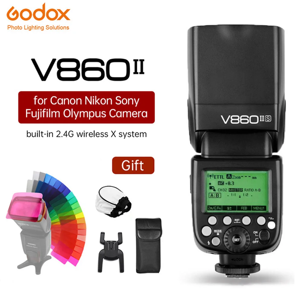 

Внешняя вспышка Godox V860II-S, вспышка V860II-C, 860II-N, V860II-F, V860II-O, GN60, TTL, HSS для Sony, Nikon, Canon, Olympus, Fuji, литий-ионная батаеря