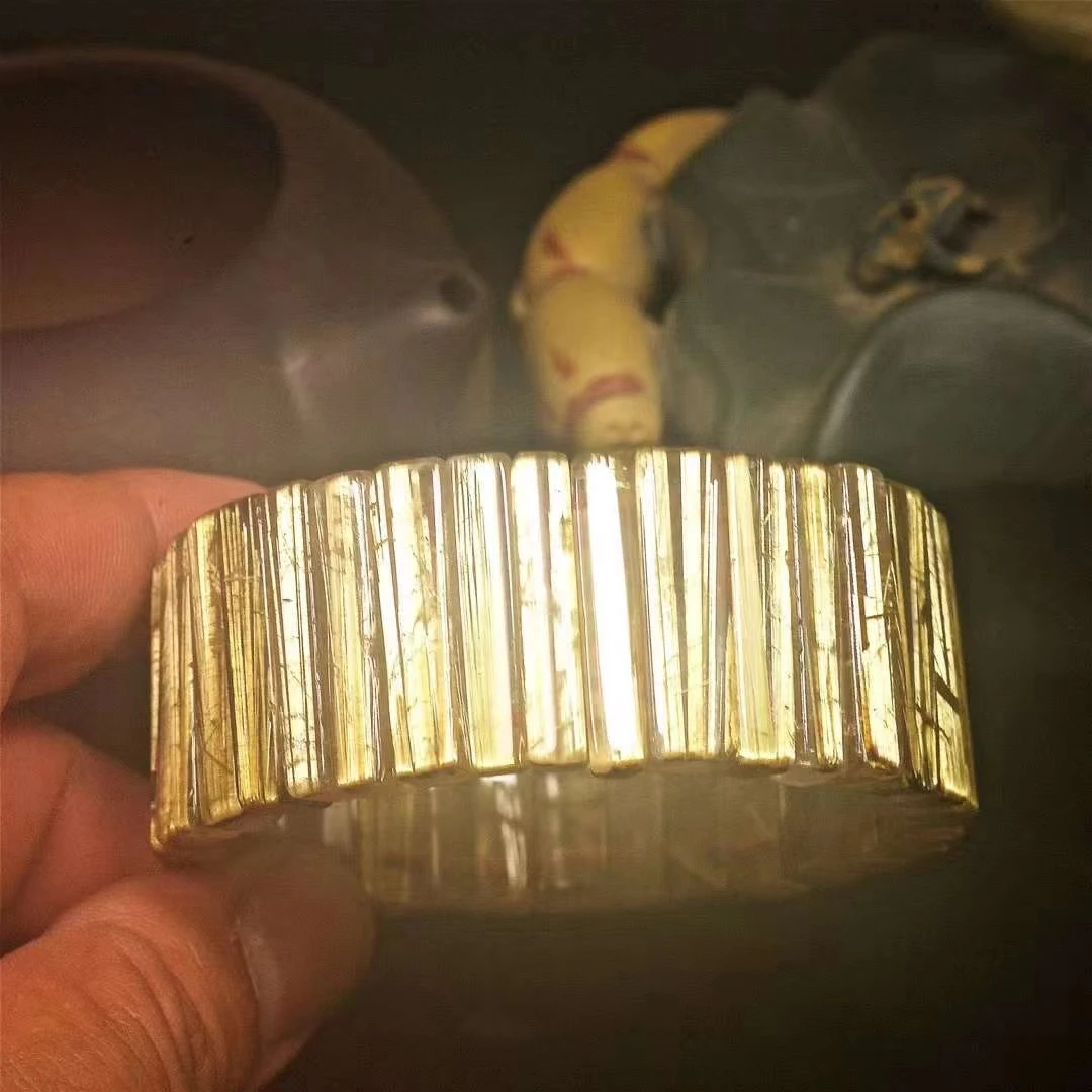 

Natural Gold Rutilated Quartz Clear Rectangle Beads Big Bracelet 26*7mm Women Men Fashion Wealthy Stone Genuine AAAAAA