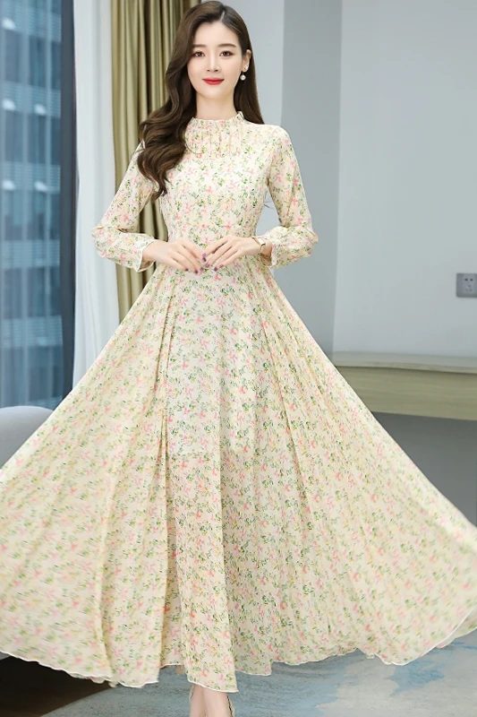 

COIGARSAM 4XL Plus Size Beach Style Chiffon Women Long dress New Spring Summer High Waist Dresses Pink Flowers Purple Flower