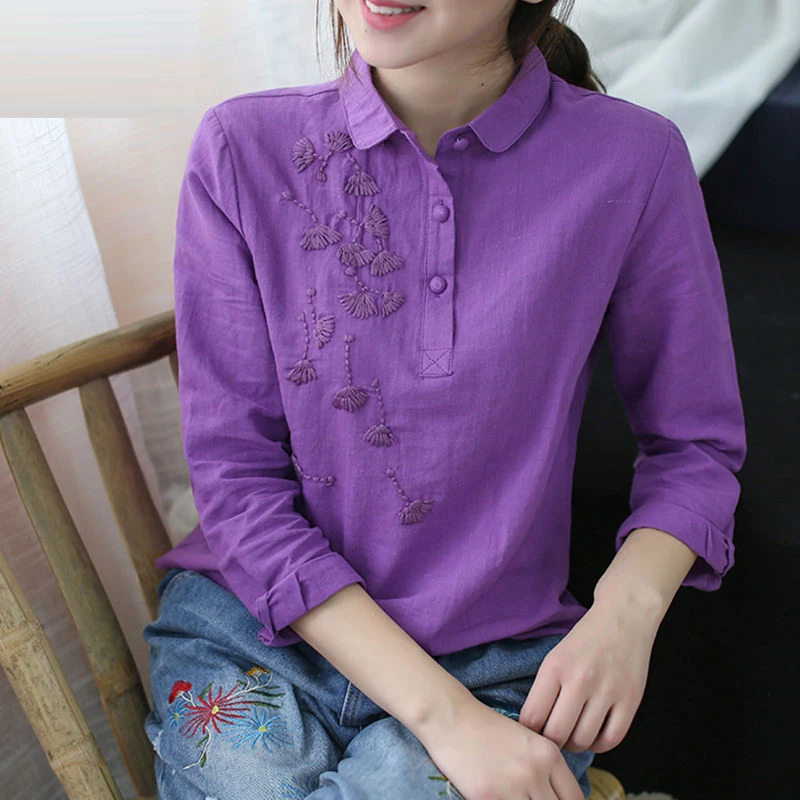 Рубашки с вышивкой из 100% хлопка осенняя Женская винтажная блузка длинным рукавом