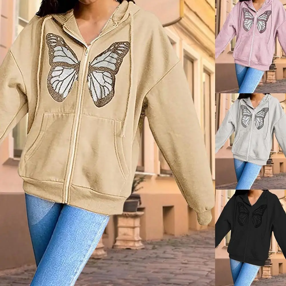 

Y2K Women Oversized Sweatshirt Butterfly Full Zip Hooded Jacket Summer Harajuku Loose Casual With Zipper Outerwear