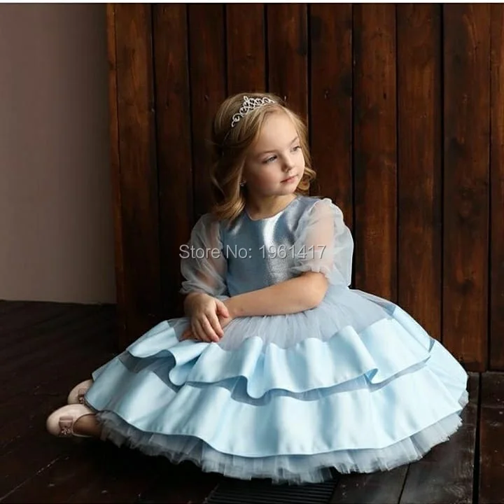 

Sky Blue Flower Girl Dress with Bow Knee-Length Satin Cute Kids Birthday Party Gowns Custom Made Ruffles