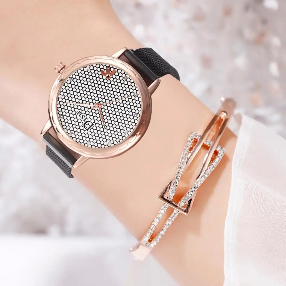 Простой сетчатый циферблат женские часы креативные розовое золото черный цвет