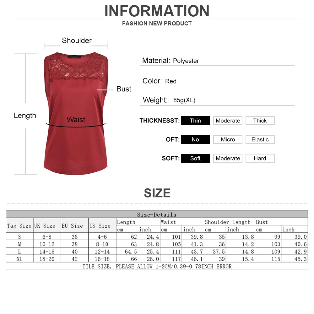 

Lace Hollow Out Patchwork O-Neck Shirts 2021 Summer Red Sleeveless Women Blouse Fashion Casual Solid Tank Tops Holidays D30