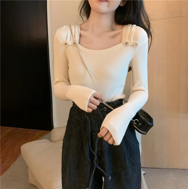 

Sexy Square Collar Slim Fit Knitted Pullovers 2021 New Chic Button Women Sweaters Autumn Winter Korean Style Design Tops