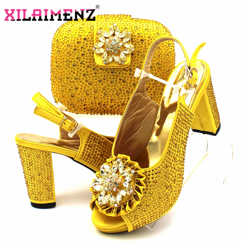 

Popular High Quality African Women Shoeos and Bag to Match in Yellow Color with Platform with Wedding Dress for Party