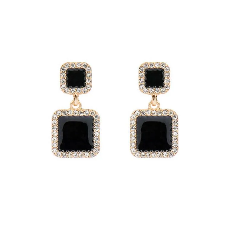 Женские квадратные серьги с черным камнем роскошные геометрические золотого