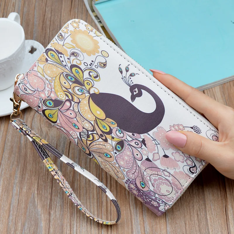 

Wallet Female Long Section New Japanese and Korean Version of the Zipper Peacock Print Cartoon Large Capacity Clutch Female Ins
