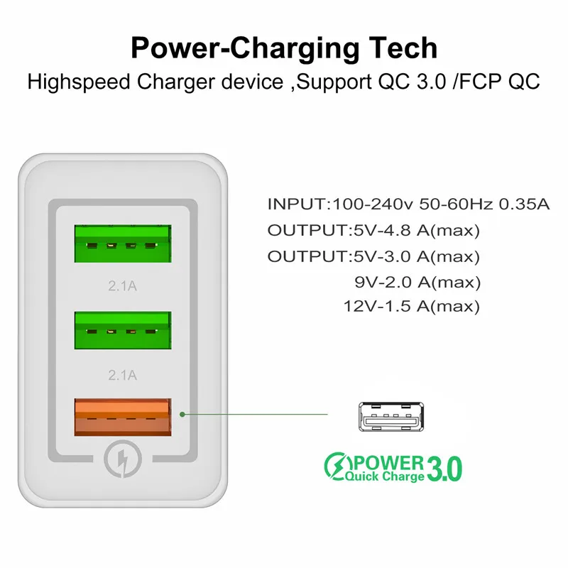 USLION 3 Ports USB Charger Quick charge 3.0 for iPhone X S 8 7 6 EU&US Plug Fast Wall Charger Charging For Samsung Xiaomi Huawei