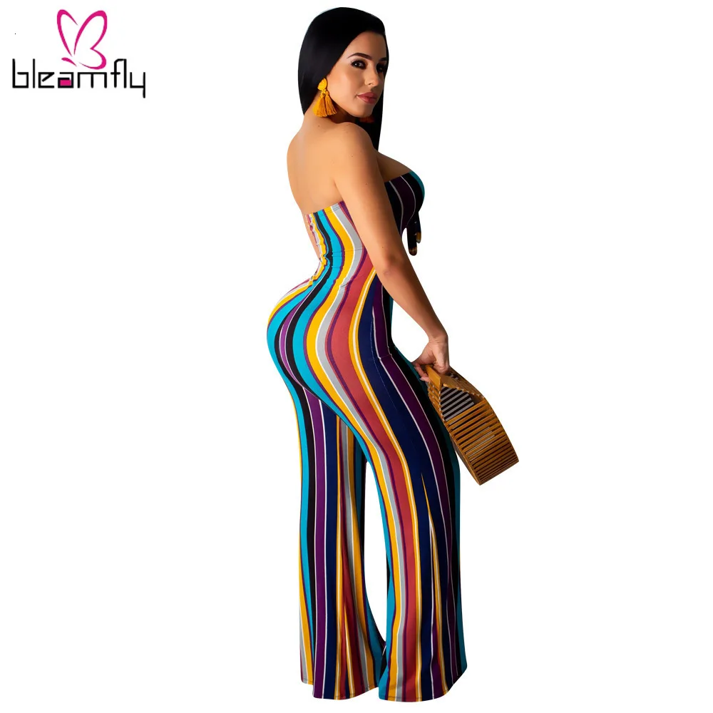 Женский летний цветной комбинезон в полоску без бретелек с завязками прямой