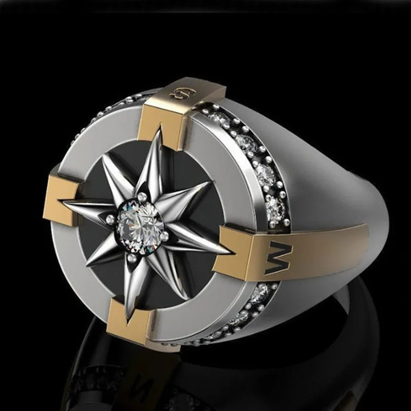 

Retro classic men's two-color cross sun flower micro-inlaid zircon round creative exquisite ring jewelry wholesale