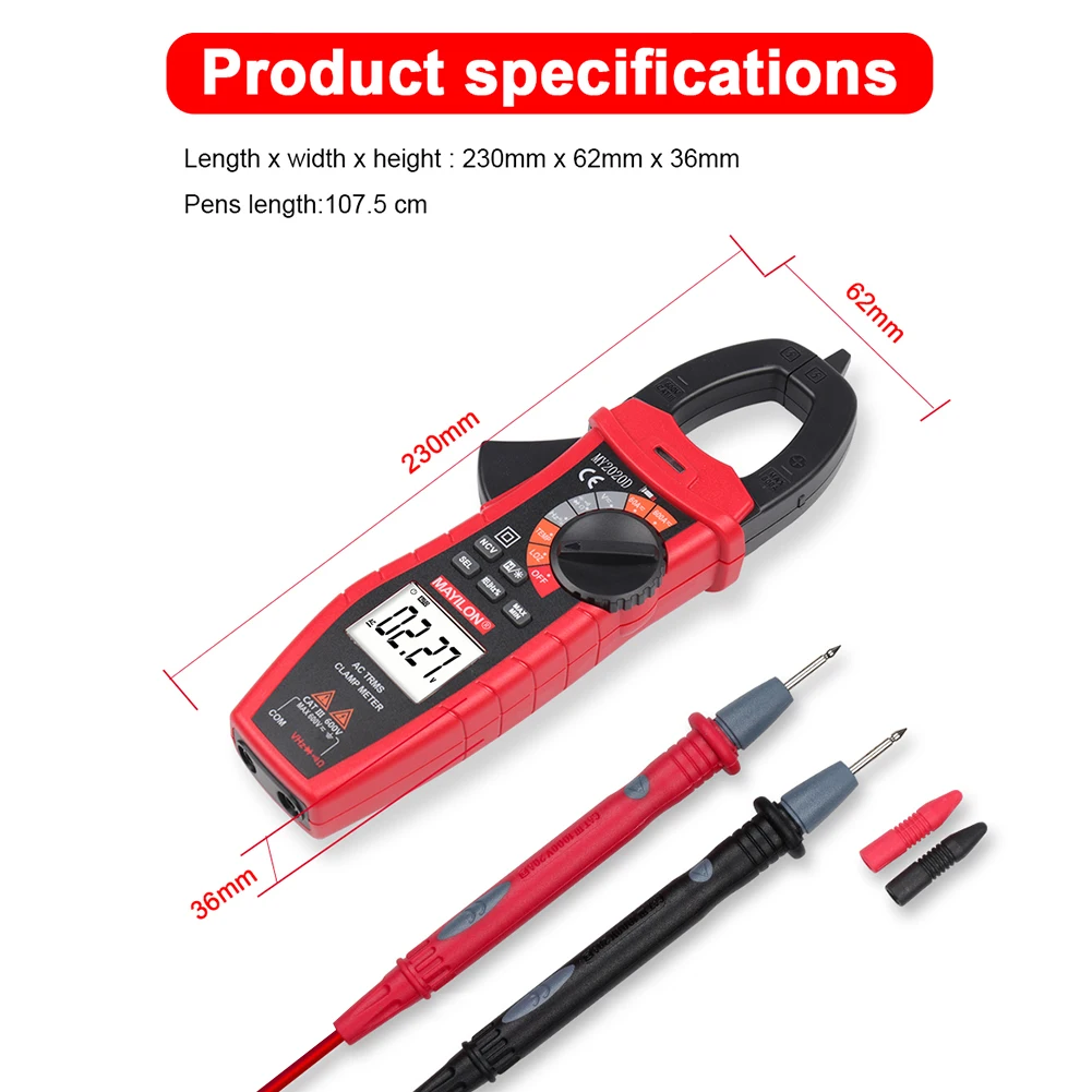 

MY2020D LCD Digital Clamp Meter 6000 Counts Auto Range Current Voltage Tester RMS High Precision Capacitance Ohm Hz Tester
