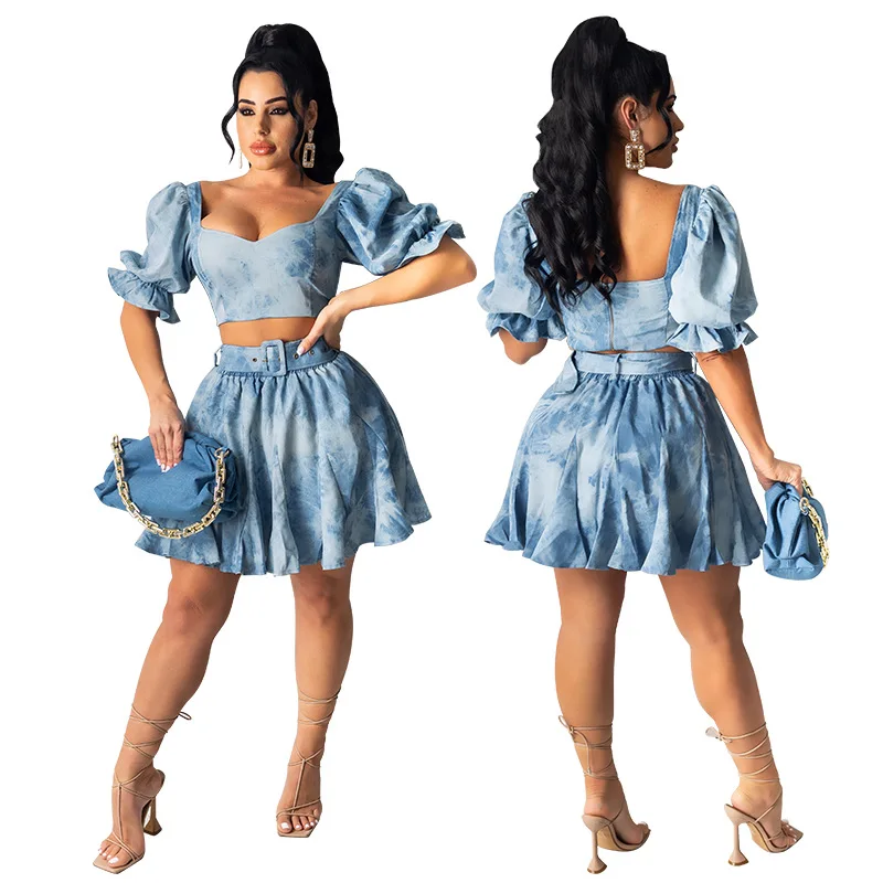 

Puff sleeve pleated skirt fashion suit pale blue cut out skirt set trendy two piece women dress 2021 wholesale