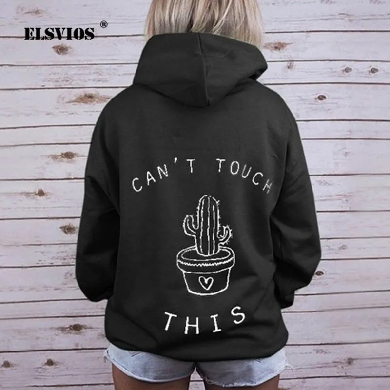 

ELSVIOS Women's Fashion Sweatshirt hooded Autumn winterLong Sleeve Cactus Print Hoodies Lady casual letters Pullover Tops 2XL