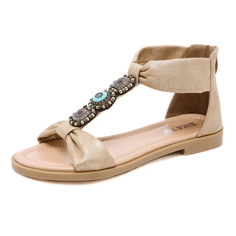 

Богемные босоножки на молнии, в стиле ретро, с плоской подошвой, с открытым носком, этнические, с бусинами, на молнии, летняя, женская обувь на...