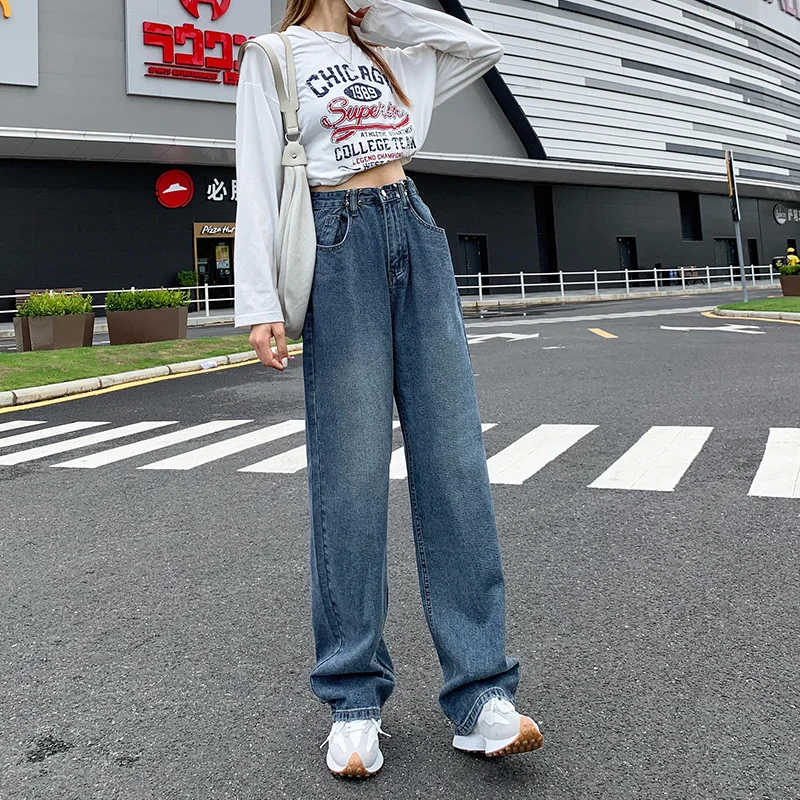 Джинсы с высокой талией и широкими штанинами женский осенний дизайн Ретро стиль