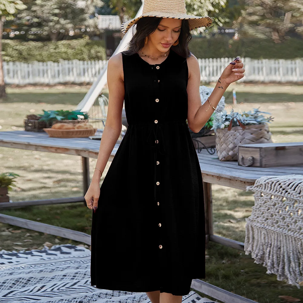 

2021 Women Summer Autumn Cotton Dresses Casual Short Sleeve Solid Color Party Dress Female High Elastic Waist Bohemian Dress