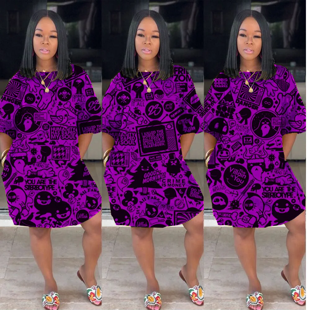 Женское платье с коротким рукавом повседневное свободное винтажное круглым