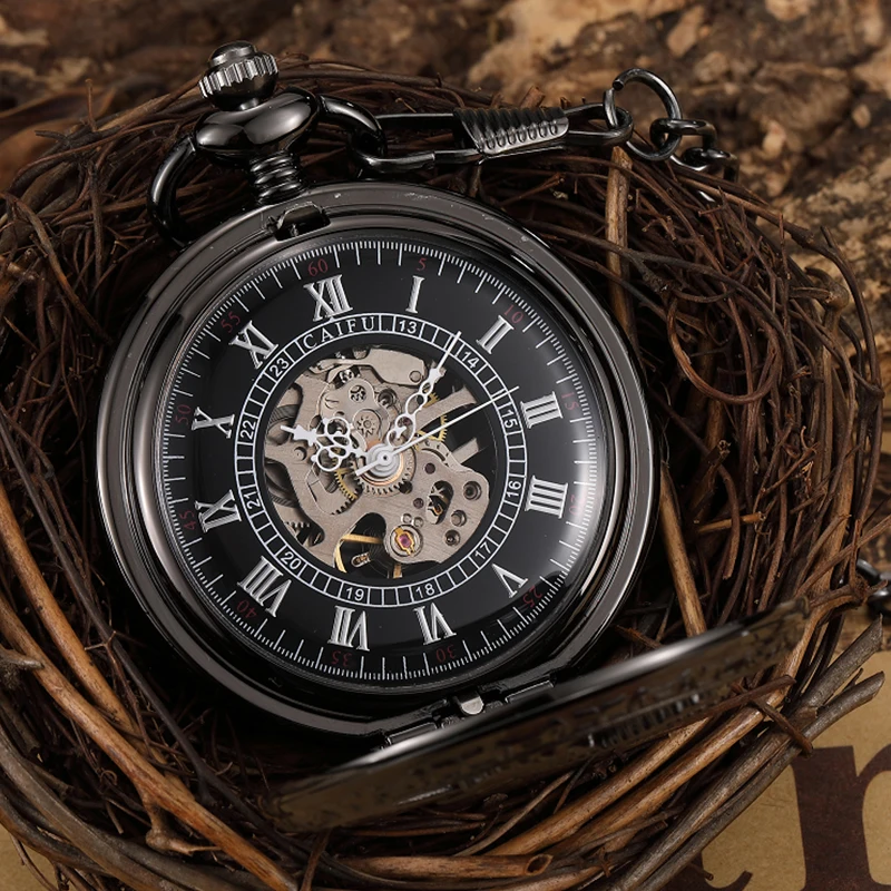 Mechanical Pocket Watch Antique Skeleton Dial Fob Chain Full Black Eagle Case Hanging Clock with Gift Box for Men Dropshipping